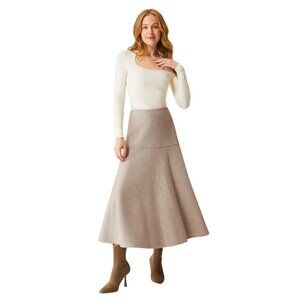 OGL Heather Oatmeal Wool-Like Flared Maxi Skirt CashSoft Size Small NWT XS $79